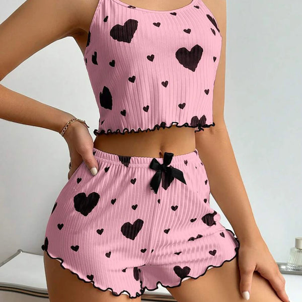 Conjunto de Pijama Sexy com Estampa de Coração para Mulheres
