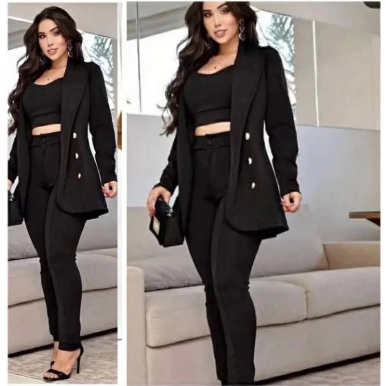 Conjunto 3 Três Peças Blogueira Max Blazer Longo Cropped Neoprene Premium